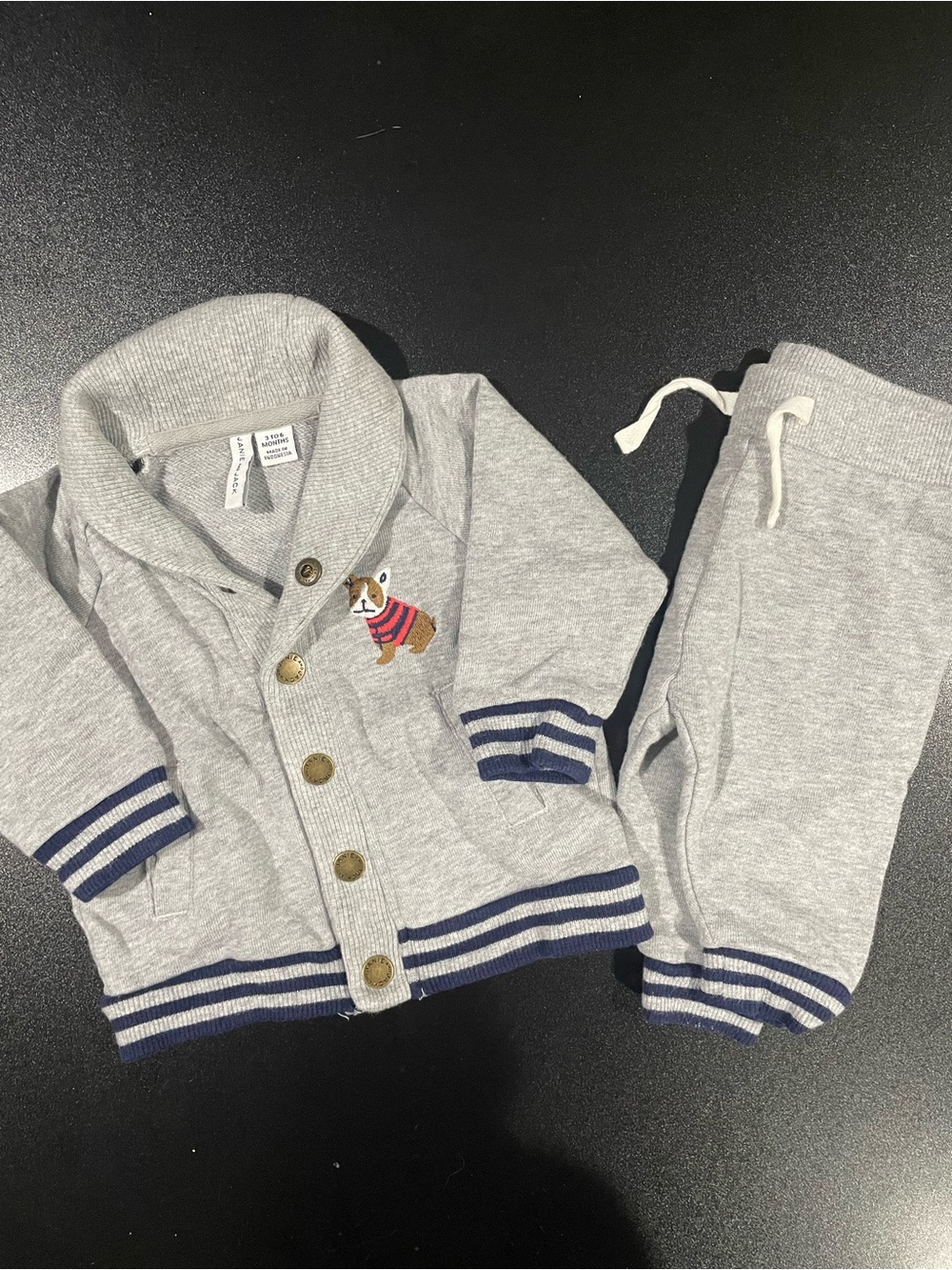 Janie and Jack Grey Jogger Set with Navy Trim and Dog Embroidery 3-6 mo 🐶🐾